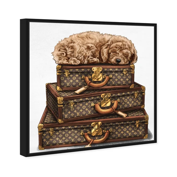Oliver Gal Fashion and Glam Wall Art Framed Canvas Prints 'Sleeping Poodle' Travel Essentials - Brown - White - 24 x 24 - Gold