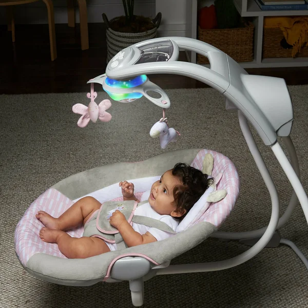 Ingenuity InLighten Cradling Plug-In Swing with LightBeams Mobile - Flora The Unicorn
