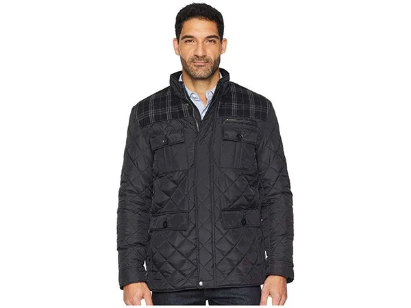 Cole Haan Quilted Plaid-Yoke Mixed-media Jacket, Black, Men's, Medium