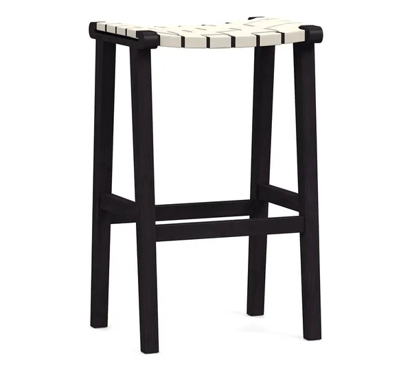Pottery Barn Fenton Leather Backless Bar Height Bar Stool, Black Leg, Signature Chalk