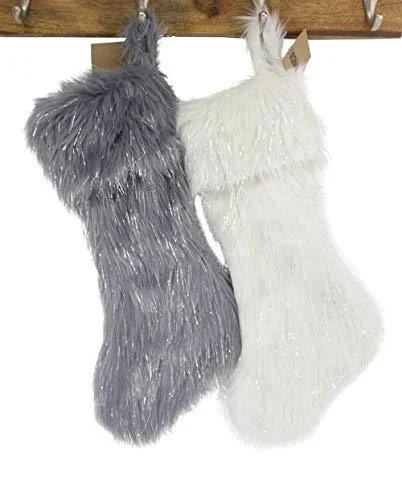 Fennco Styles Holiday Christmas Decorative Exquisite Faux Fur with Silver Metallic Thread Tree Skirt - 2 Colors Grey - 56x22 Rou
