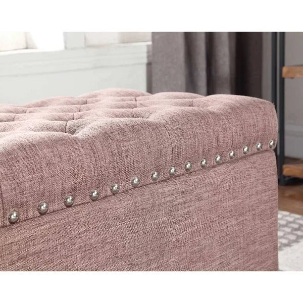 Button Tufted Storage Ottoman with Nailhead - Brown Color