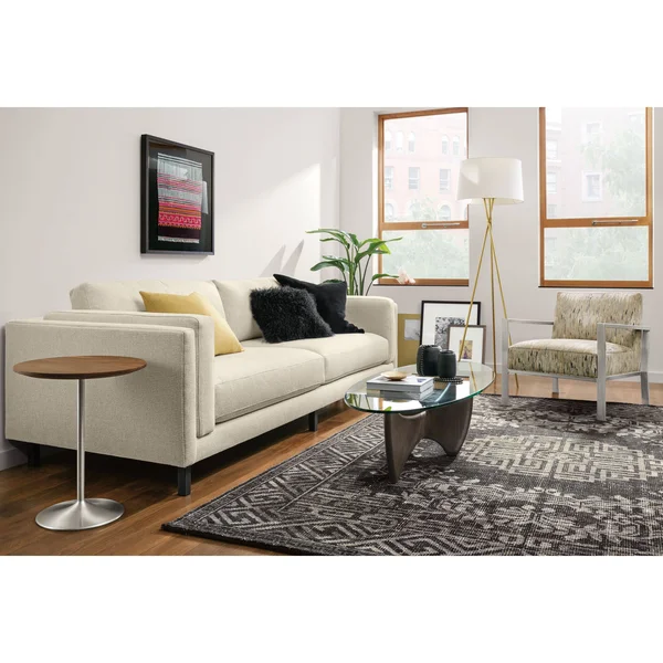 Room & Board, Modern Aria 27 Diameter 22H Round End Table, Walnut Top w/ Stainless Steel Frame Base