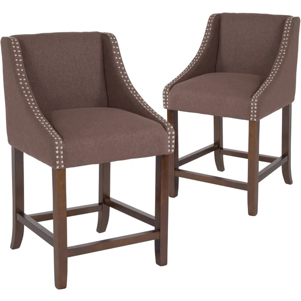 Flash Furniture 2 Pk. Carmel Series 24x22 High Transitional Walnut Counter Height Stool with Accent Nail TRIM - Light Gray Fabric