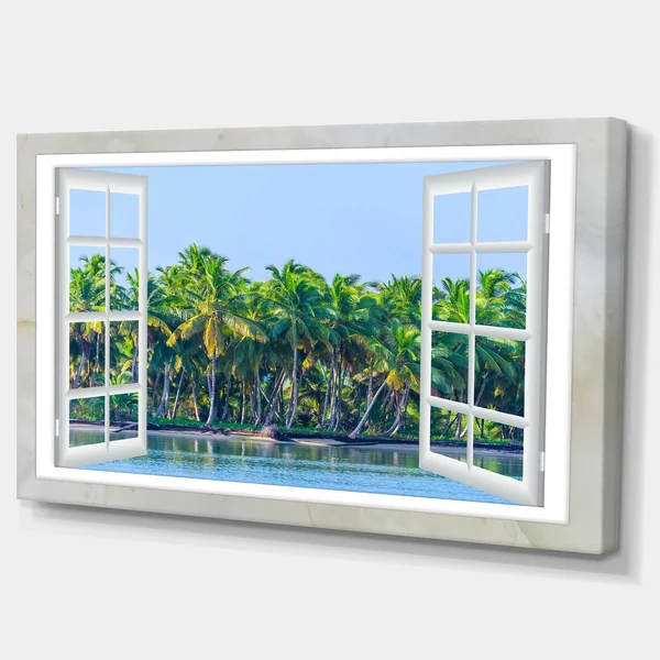 Design Art Open Window to Seashore Palms Graphic Art on Wrapped Canvas - Blue