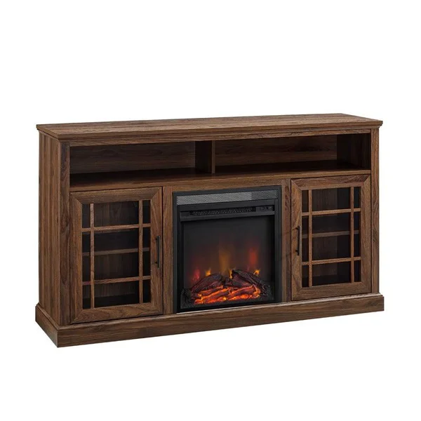 Pemberly Row 58x22 Classic Glass Door Highboy Fireplace TV Stand in Dark Walnut - PR-4753-2138585