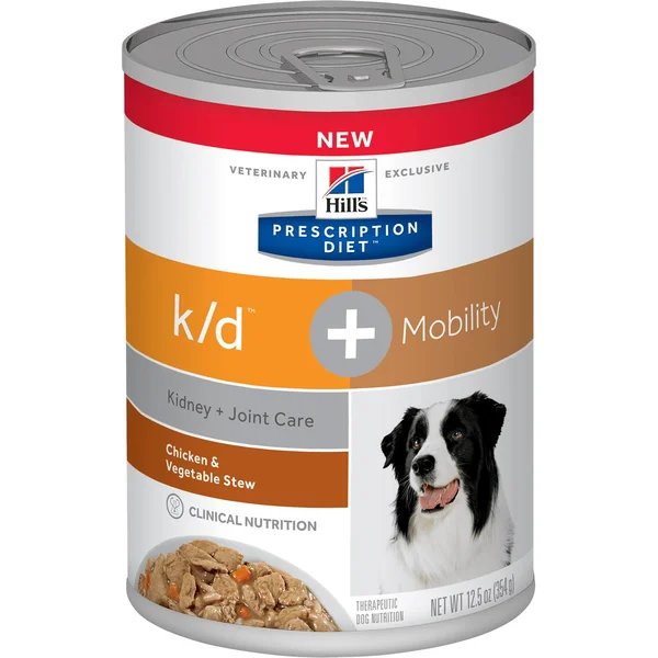 Hill&s Prescription Diet K/D Kidney Care + Mobility Care with Chicken & Vegetable Stew Canned Dog Food, 12.5-oz, Case of 12