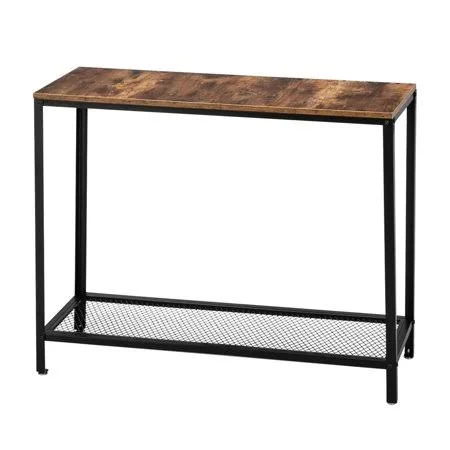 Modern Industrial Wood Grain 2 Floors 40-Inch Rectangle Wrought Iron Sofa Table, Rustic Brown, Black