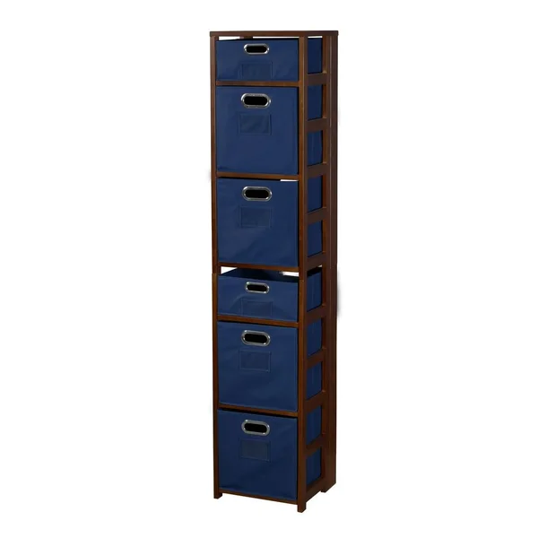 Fairway 67x22 Square Folding Bookcase with Folding Fabric Bins- Mocha Walnut/Blue