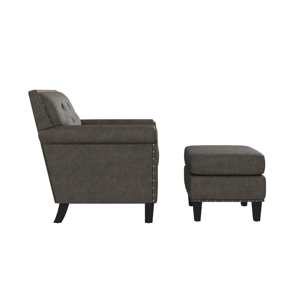 Gracewood Hollow Grantley Button Tufted Rolled Arm Chair and Ottoman - Saddle Brown