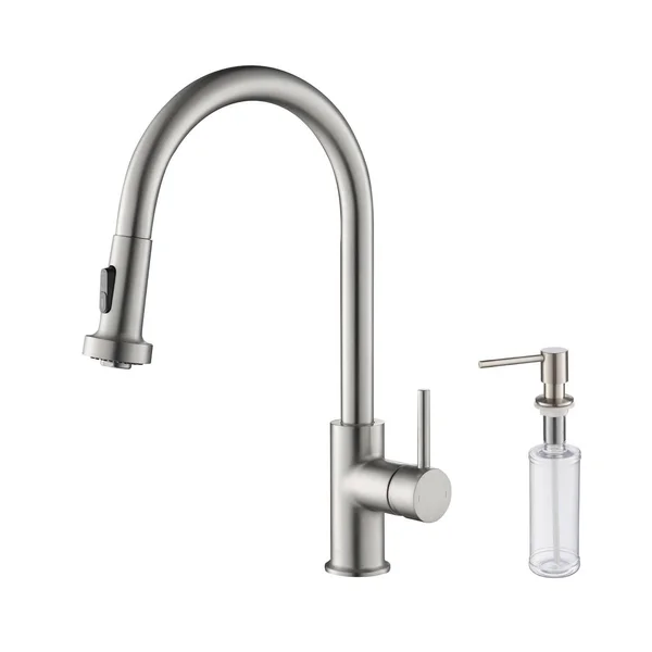 KIBI Brass Pull Down Kitchen Faucet with Sprayer & Soap Dispenser Brushed Nickel