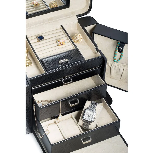 Black Lizard Textured Leather 4-Level Jewelry Case, 12.5 inches x 7.5 inches x 9.5 inches