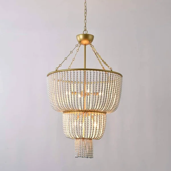 Lovedima Gold Pendant Hanging Light - 2-Tier Metal Ring Frame White Ceramic Beads Ceiling Chandelier (6-Light)