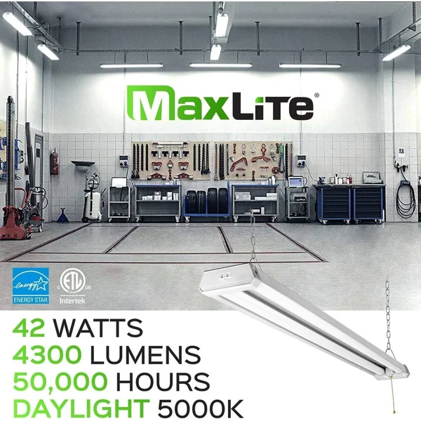 Maxlite 4ft Utility LED Shop Light Linkable, 4300lm, Daylight 5000K, Pull Chain On/Off, 42W Garage Light, Integrated LED Lights