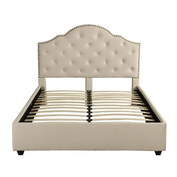 Noble House Allyssa Contemporary Fabric Button-Tufted Upholstered Queen Bed Frame with Nailhead Accents, Beige
