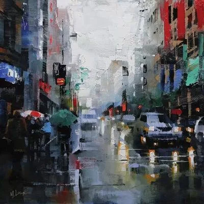 Framed Canvas Art (White Floating Frame) - St. Catherine Street Rain by Mark Lague ( places > North America > United Sta