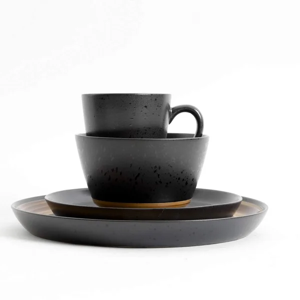 Gibson Tosca Woodlands 16 PC Black Dinnerware Set - with with Brown Woodlook, Trim Stoneware