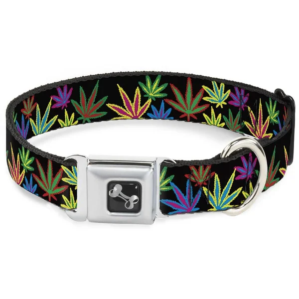 Buckle-Down Seatbelt Buckle Dog Collar - Multi Marijuana Leaves Black/Multi Color