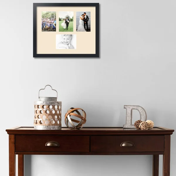 Collage Picture Frame - Satin Black Frame with 4 openings for 5x7 Photos with Pink Alabaster Mat. D3926DE149, ArtToFrames