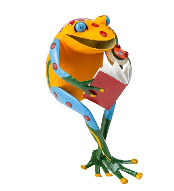 Handmade Metal Reading Frog Garden Sculpture, Size: One-Size, Red