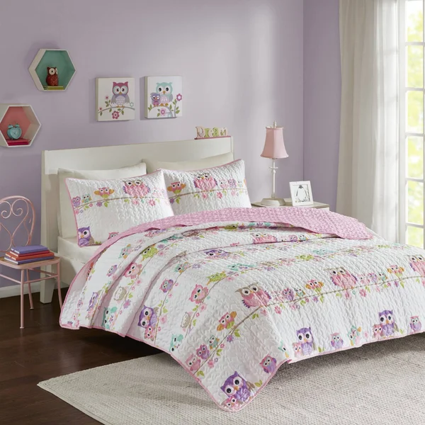 Comfort Spaces - Howdy Hoots Kids Bedspread Mini Quilt Set - 3 Piece - Pink White - Teens/Girls - Owl Print - Queen size - Includ