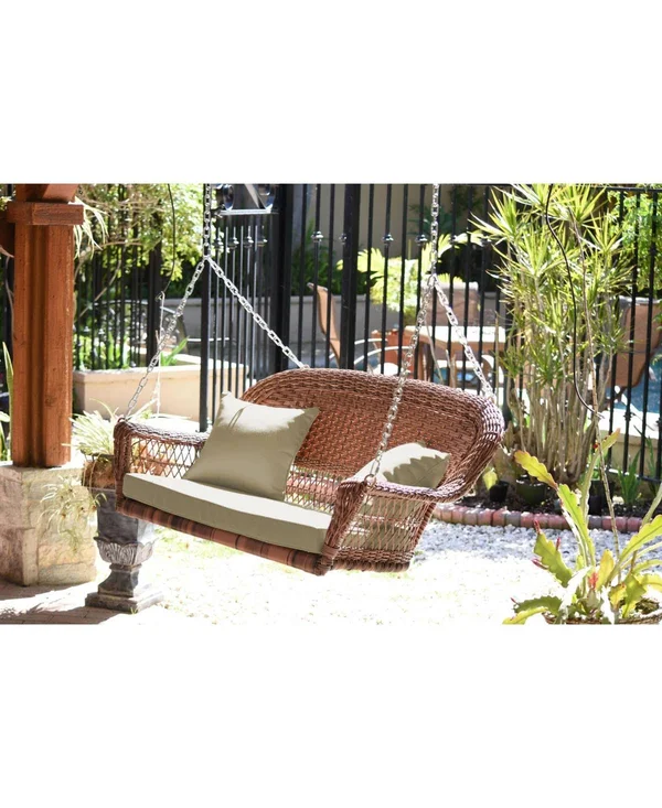Jeco W00207S-D-FS006 Black Wicker Porch Swing with Tan Cushion