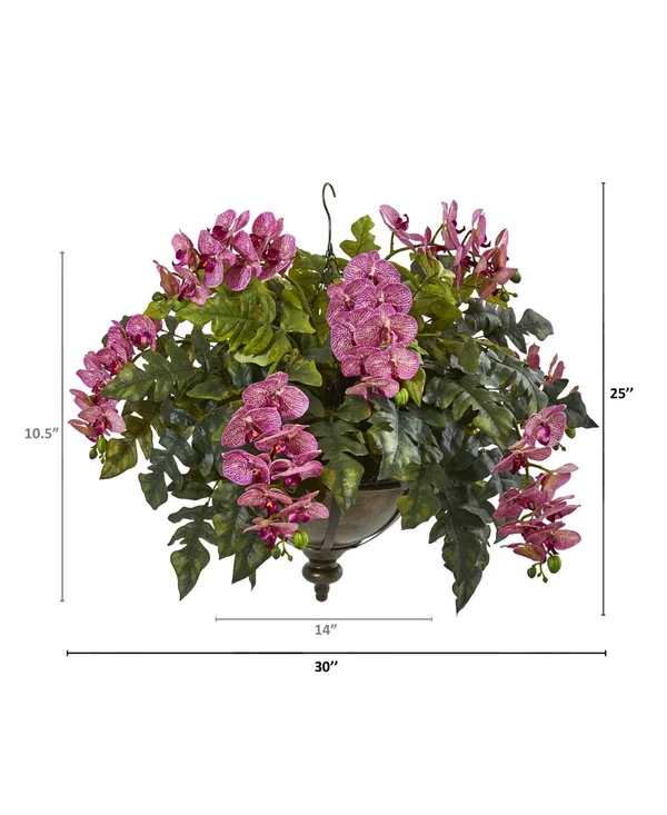 Nearly Natural 25x22 Phalaenopsis Orchid and Holly Fern Artificial Plant in Metal Hanging Bowl - Cream