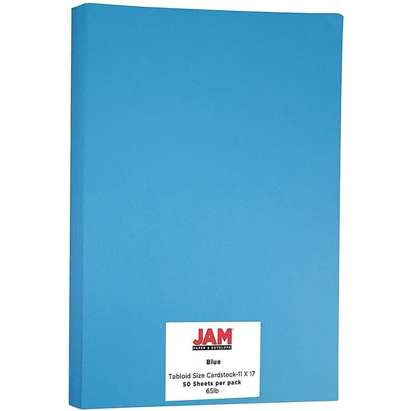 Jam Paper Bright Colored Tabloid Cardstock, 11 x 17, 65lb Blue, 50 Sheets/Pack, 11 x 17 inches