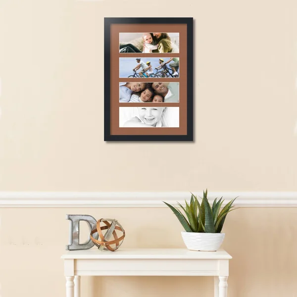 Collage Picture Frame - Satin Black Frame with 4 openings for 4x12 Photos with Brown Paloma Mat. D3926EA268, ArtToFrames