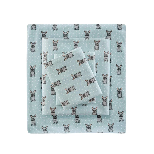 True North by Sleep Philosophy Cozy Flannel Sheet Set Aqua French Bulldog, Cal King