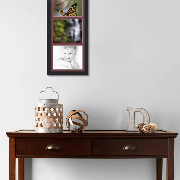 Collage Picture Frame, Satin Black Frame with 3 openings for 8x10 Photos with Red Maple Leaf Mat. D3926CV2156, ArtToFrames