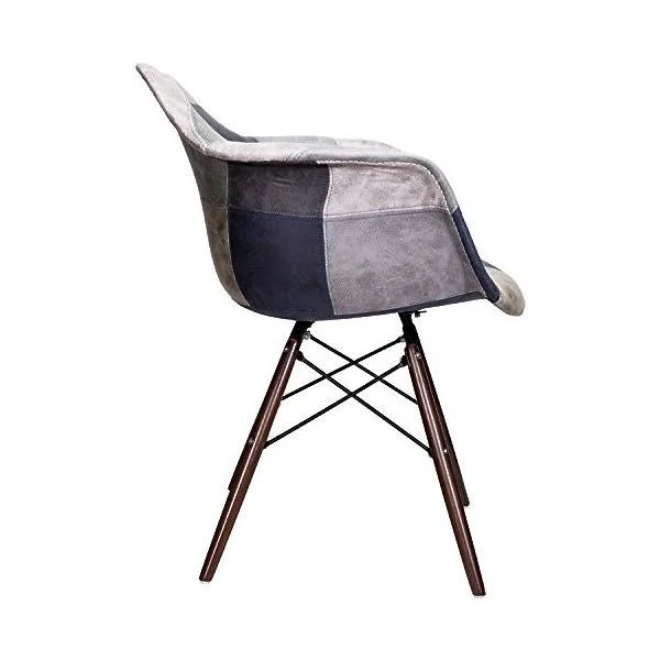 CozyBlock Mooku Blue & Gray Patchwork Leatherette Fabric Upholstered DAW Dining Accent Arm Chair with Dark Walnut Leg