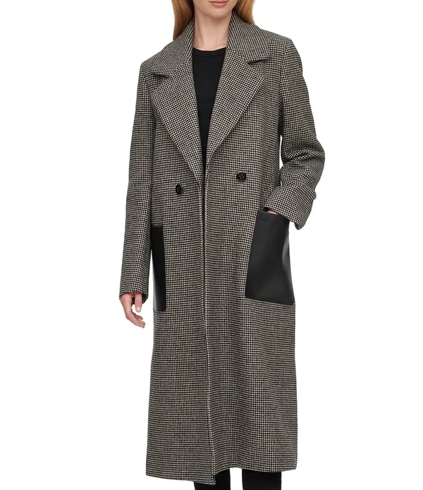 Calvin Klein Double Breasted Plaid Wool Blend Faux Leather Patch Pockets Walker Coat, Womens, XL, Black