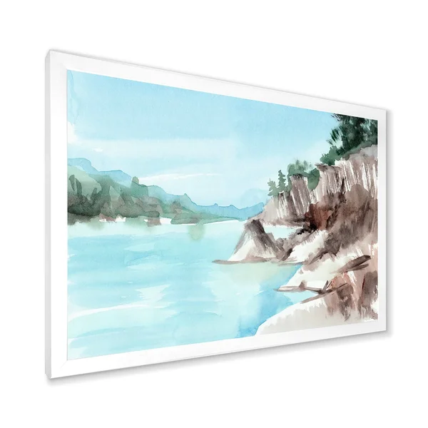 Designart 'Rocks by The Blue Lake' Lake House Framed Art Print - 20 in. Wide x 12 in. High - White