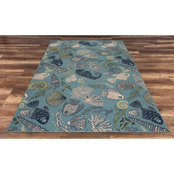 Gad Premium Indoor Outdoor Contemporary Ocean Marine Life Area Rug (7&10 inchx 10&2 inch) Teal - Beige, Green & Navy Blue Coa