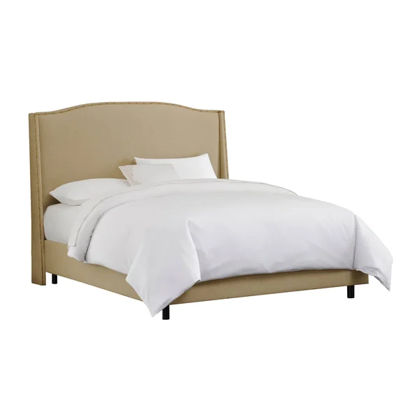 Skyline Furniture Nail Button Wingback Upholstered Bed, Full, Sandstone Linen, Brass