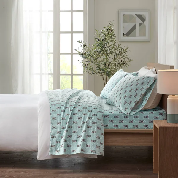 True North by Sleep Philosophy Cozy Flannel Sheet Set Aqua French Bulldog, Cal King