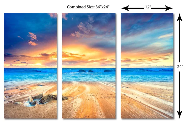 36 x 24 - Gorgeous Beach Sunset Canvas Print Wall Art. 3 Panel Split, Triptych Decoration for Home or Office