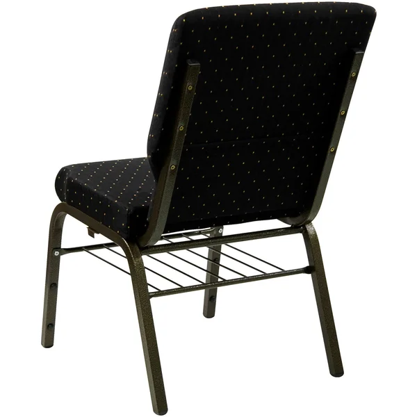 Hercules Series 18.5&&W Church Chair with Book Rack Black Dot Patterned Fabric/Gold Vein Frame