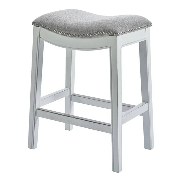 HomeRoots 25.7x22 Saddle Seat Wood Counter Stool with Nail Head Trim in White - 9000380062