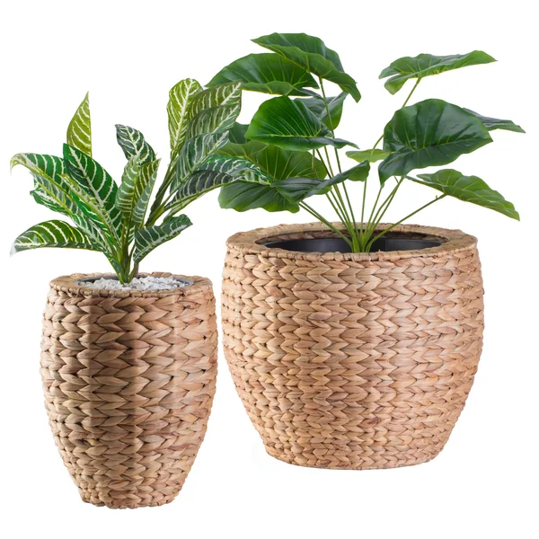 Vintiquewise Water Hyacinth Round Floor Planter with Metal Pot, Set of 2