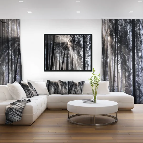 Designart Sunbeams Through Black White Forest- Forest Framed Canvas Wall Art Print in Gold, FL9987-46-36-GD