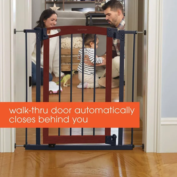 Summer Essex Craft Safety Baby Gate - Solid Wood Cherry Stain Arched Doorway with Charcoal Gray Metal Frame – 30” Tall, Fits open