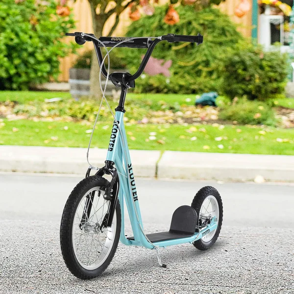 Aosom Teens Youth Scooter Ride on Toy with Adjustable Handlebar - Dual Brakes, and Inflatable Wheels for Kids 5+ (Blue)