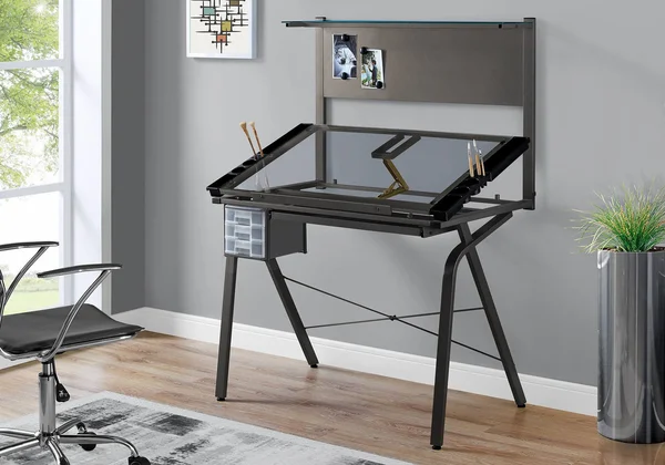 Monarch Specialties Adjustable & Black Metal Tempered Glass Drafting Table