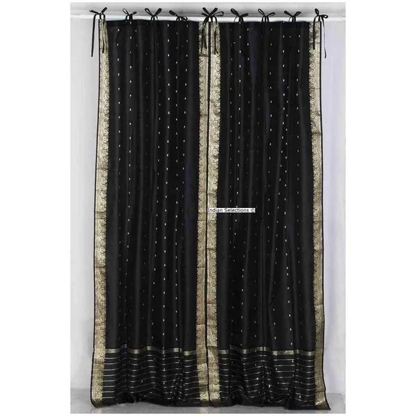 Black Tie Top Sheer Sari Curtain - Drape, Panel - Pair