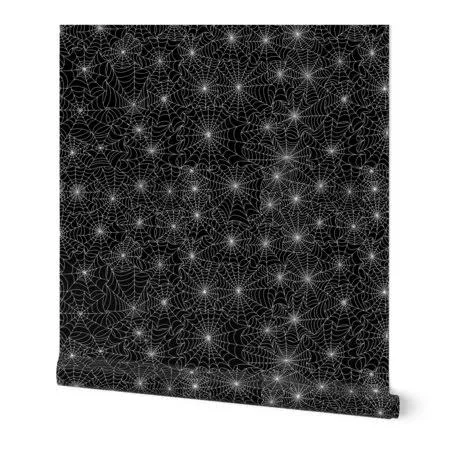 Roostery Wallpaper Roll or Sample: Halloween Spiderweb Black White Heasman Sf926hal13, Size: 24