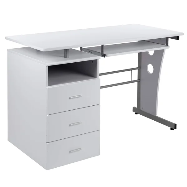 Flash Furniture White Desk with Three Drawer Pedestal and Pull-Out Keyboard Tray, White/SIlver