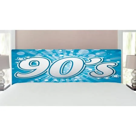 90s Headboard - 90's Letter and Stars on Striped Background with Circles Party Celebration Themed Art, Upholstered Decorative Met