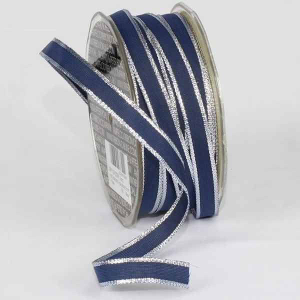 Navy Blue and Silver French Wired Craft Ribbon 0.25x22 x 108 Yards